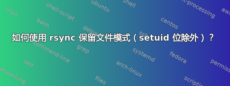 如何使用 rsync 保留文件模式（setuid 位除外）？