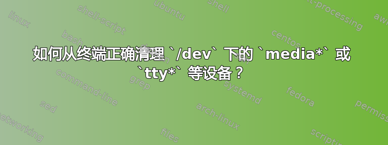 如何从终端正确清理 `/dev` 下的 `media*` 或 `tty*` 等设备？