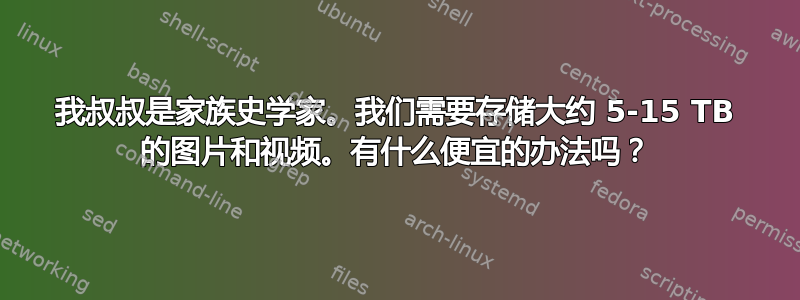 我叔叔是家族史学家。我们需要存储大约 5-15 TB 的图片和视频。有什么便宜的办法吗？