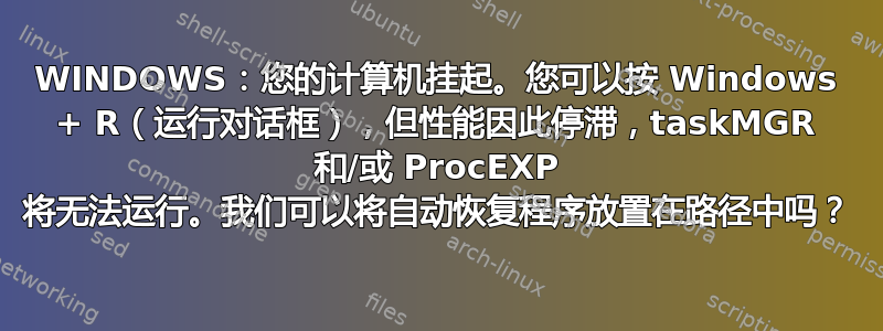 WINDOWS：您的计算机挂起。您可以按 Windows + R（运行对话框），但性能因此停滞，taskMGR 和/或 ProcEXP 将无法运行。我们可以将自动恢复程序放置在路径中吗？