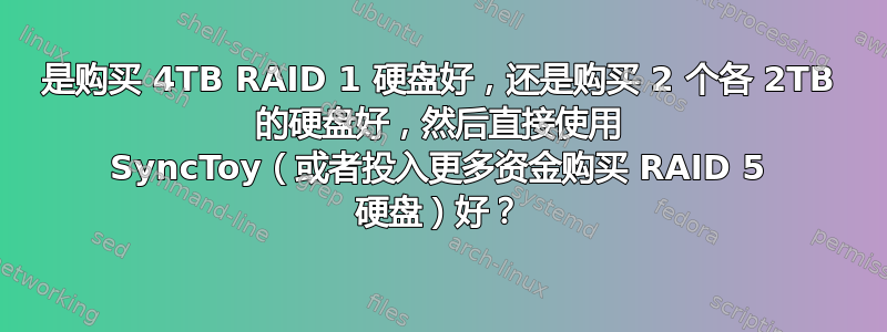 是购买 4TB RAID 1 硬盘好，还是购买 2 个各 2TB 的硬盘好，然后直接使用 SyncToy（或者投入更多资金购买 RAID 5 硬盘）好？