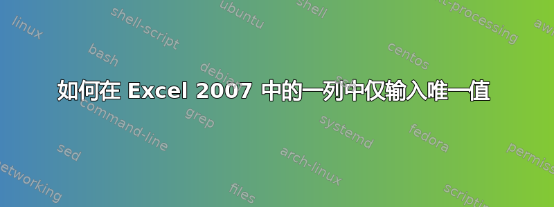 如何在 Excel 2007 中的一列中仅输入唯一值