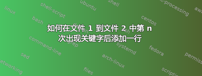 如何在文件 1 到文件 2 中第 n 次出现关键字后添加一行