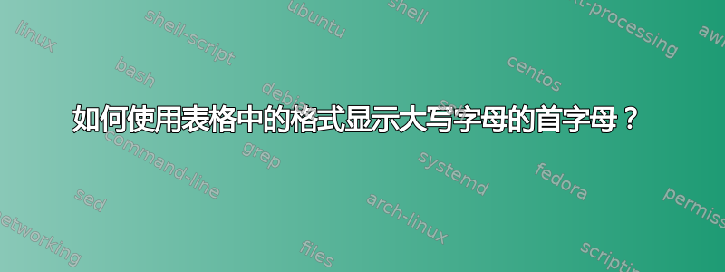 如何使用表格中的格式显示大写字母的首字母？