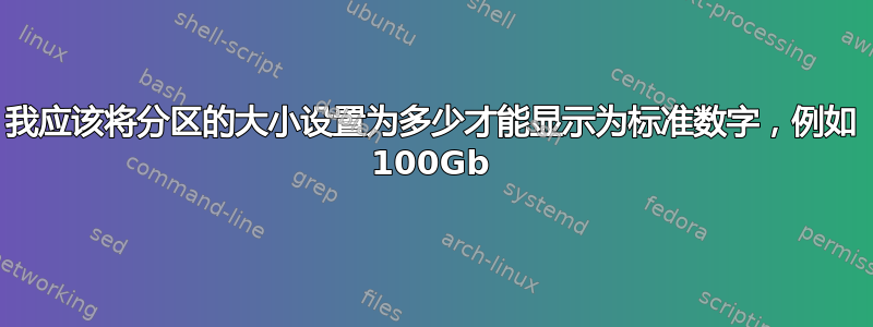 我应该将分区的大小设置为多少才能显示为标准数字，例如 100Gb