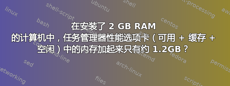 在安装了 2 GB RAM 的计算机中，任务管理器性能选项卡（可用 + 缓存 + 空闲）中的内存加起来只有约 1.2GB？