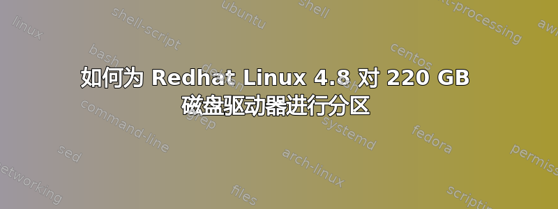 如何为 Redhat Linux 4.8 对 220 GB 磁盘驱动器进行分区