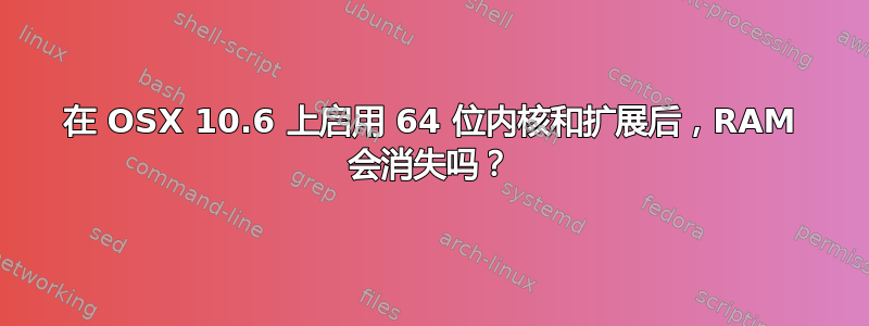 在 OSX 10.6 上启用 64 位内核和扩展后，RAM 会消失吗？