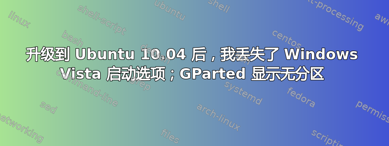 升级到 Ubuntu 10.04 后，我丢失了 Windows Vista 启动选项；GParted 显示无分区