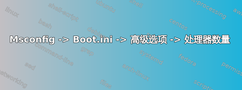 Msconfig -> Boot.ini -> 高级选项 -> 处理器数量