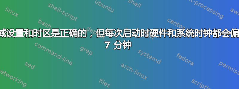 尽管区域设置和时区是正确的，但每次启动时硬件和系统时钟都会偏移大约 7 分钟