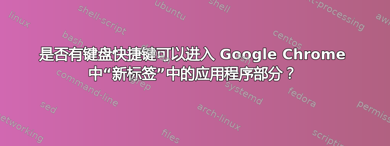 是否有键盘快捷键可以进入 Google Chrome 中“新标签”中的应用程序部分？