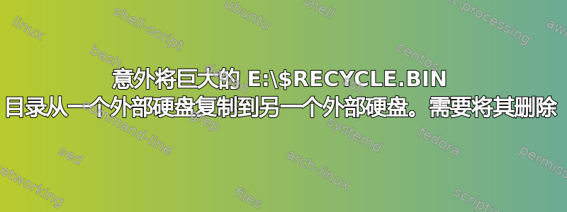 意外将巨大的 E:\$RECYCLE.BIN 目录从一个外部硬盘复制到另一个外部硬盘。需要将其删除