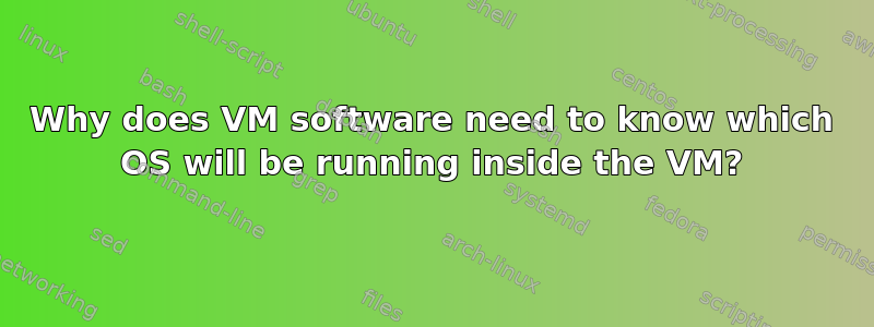 Why does VM software need to know which OS will be running inside the VM?