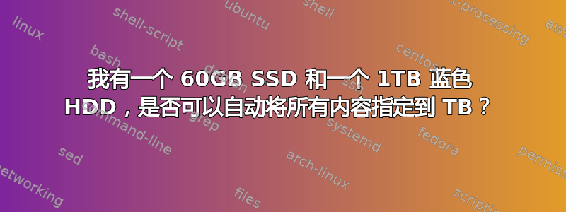 我有一个 60GB SSD 和一个 1TB 蓝色 HDD，是否可以自动将所有内容指定到 TB？