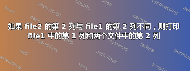 如果 file2 的第 2 列与 file1 的第 2 列不同，则打印 file1 中的第 1 列和两个文件中的第 2 列