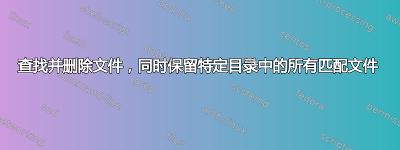 查找并删除文件，同时保留特定目录中的所有匹配文件