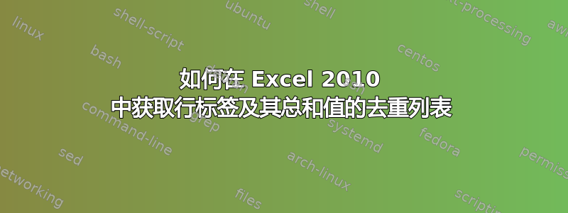 如何在 Excel 2010 中获取行标签及其总和值的去重列表