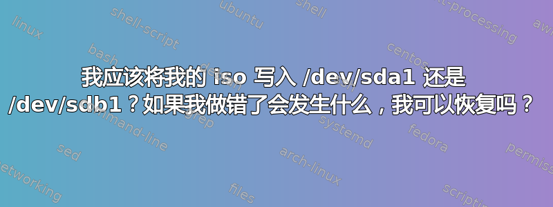 我应该将我的 iso 写入 /dev/sda1 还是 /dev/sdb1？如果我做错了会发生什么，我可以恢复吗？