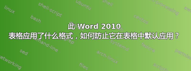 此 Word 2010 表格应用了什么格式，如何防止它在表格中默认应用？