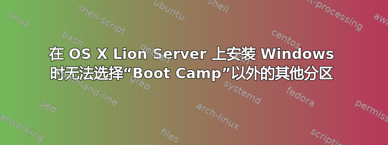 在 OS X Lion Server 上安装 Windows 时无法选择“Boot Camp”以外的其他分区