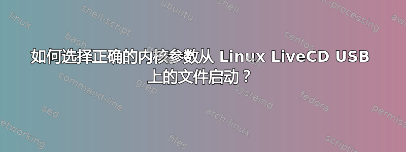 如何选择正确的内核参数从 Linux LiveCD USB 上的文件启动？