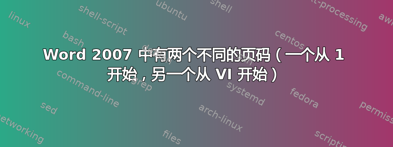 Word 2007 中有两个不同的页码（一个从 1 开始，另一个从 VI 开始）