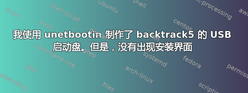 我使用 unetbootin 制作了 backtrack5 的 USB 启动盘。但是，没有出现安装界面