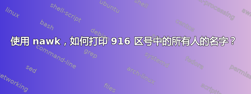 使用 nawk，如何打印 916 区号中的所有人的名字？