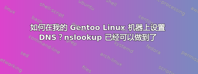 如何在我的 Gentoo Linux 机器上设置 DNS？nslookup 已经可以做到了