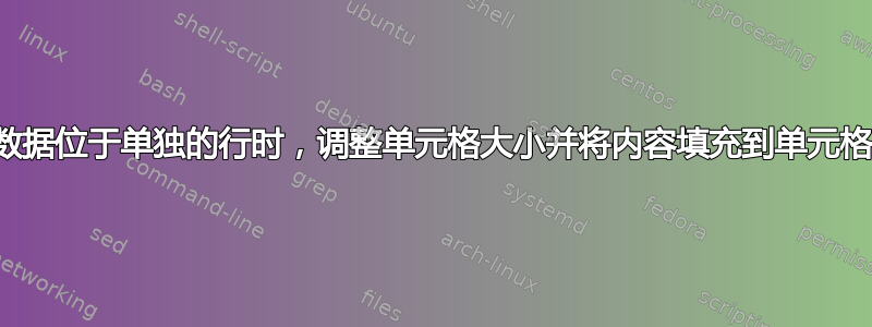 当数据位于单独的行时，调整单元格大小并将内容填充到单元格中