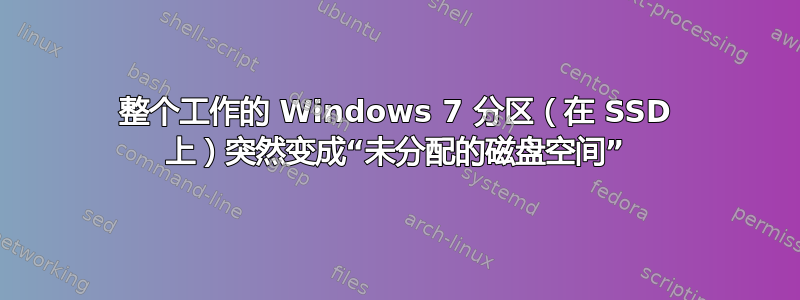 整个工作的 Windows 7 分区（在 SSD 上）突然变成“未分配的磁盘空间”