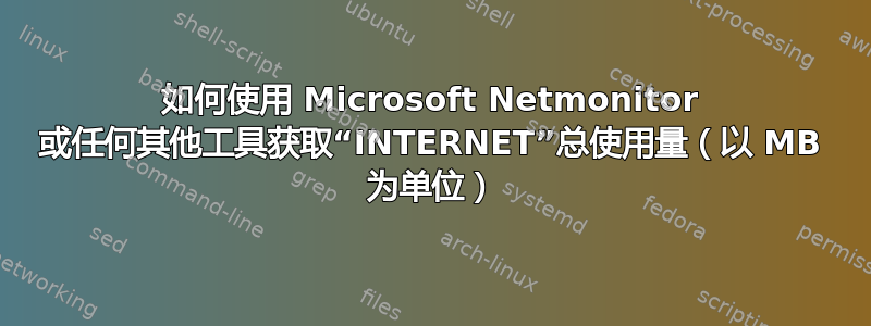 如何使用 Microsoft Netmonitor 或任何其他工具获取“INTERNET”总使用量（以 MB 为单位）