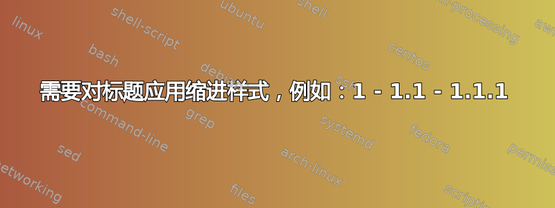 需要对标题应用缩进样式，例如：1 - 1.1 - 1.1.1