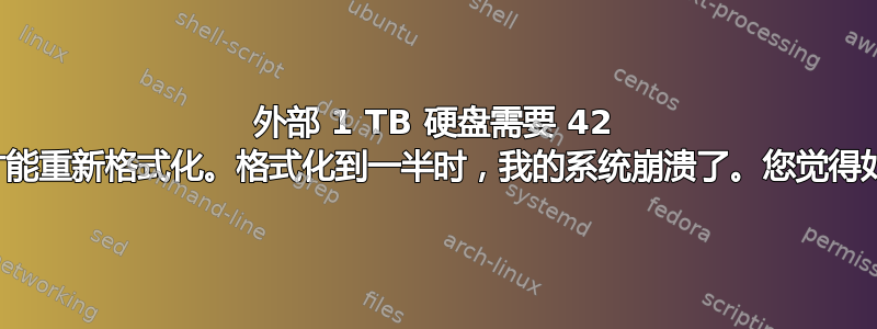 外部 1 TB 硬盘需要 42 小时才能重新格式化。格式化到一半时，我的系统崩溃了。您觉得如何？