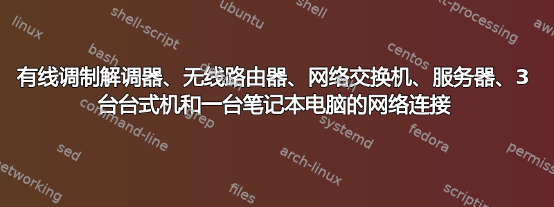 有线调制解调器、无线路由器、网络交换机、服务器、3 台台式机和一台笔记本电脑的网络连接