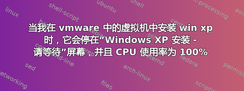 当我在 vmware 中的虚拟机中安装 win xp 时，它会停在“Windows XP 安装 - 请等待”屏幕，并且 CPU 使用率为 100%