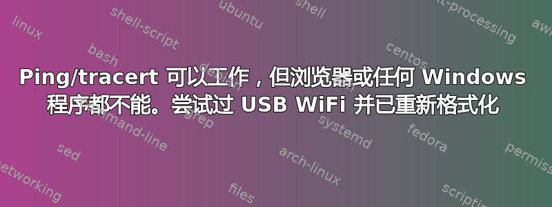 Ping/tracert 可以工作，但浏览器或任何 Windows 程序都不能。尝试过 USB WiFi 并已重新格式化