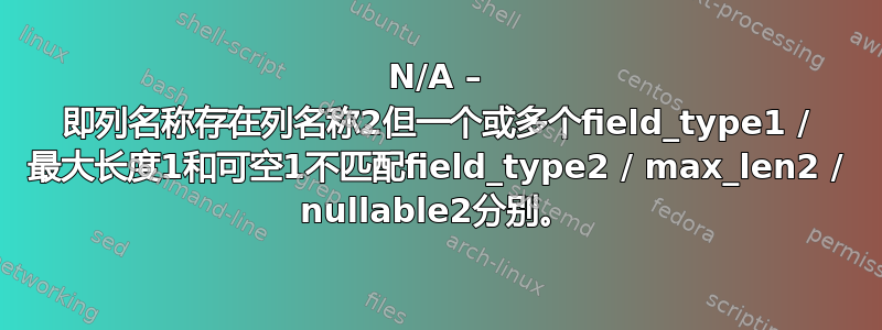 N/A – 即列名称存在列名称2但一个或多个field_type1 / 最大长度1和可空1不匹配field_type2 / max_len2 / nullable2分别。