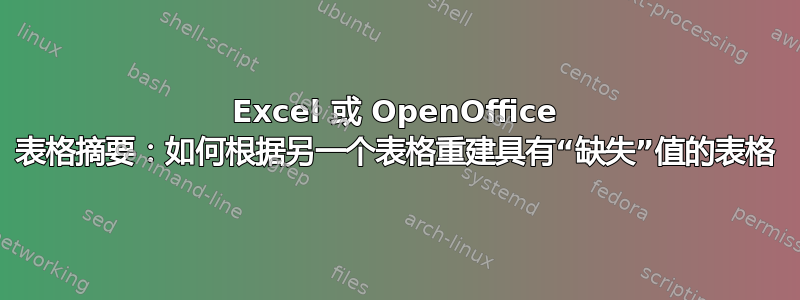 Excel 或 OpenOffice 表格摘要：如何根据另一个表格重建具有“缺失”值的表格