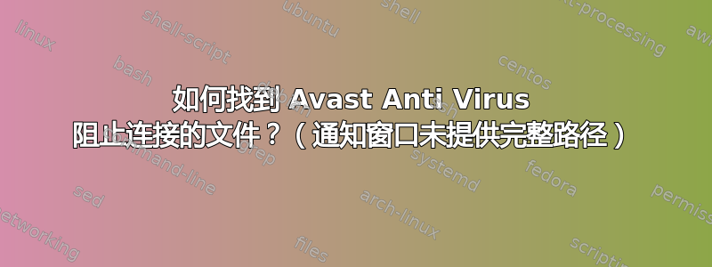 如何找到 Avast Anti Virus 阻止连接的文件？（通知窗口未提供完整路径）