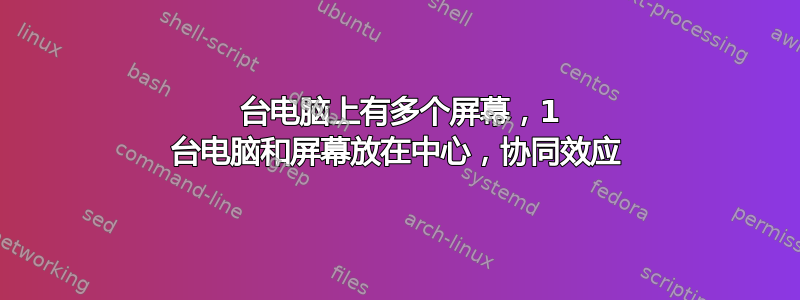 2 台电脑上有多个屏幕，1 台电脑和屏幕放在中心，协同效应