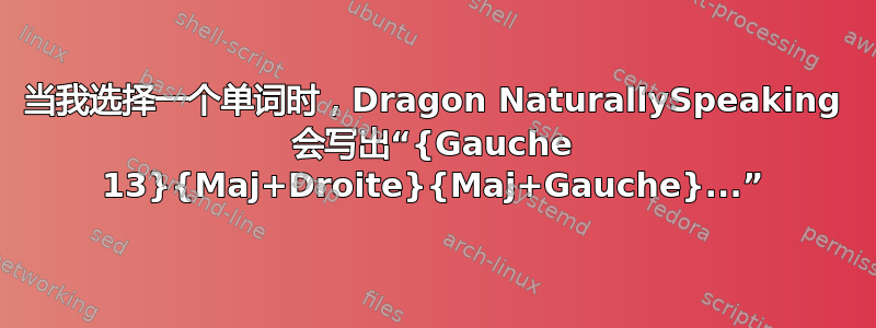 当我选择一个单词时，Dragon NaturallySpeaking 会写出“{Gauche 13}{Maj+Droite}{Maj+Gauche}...”