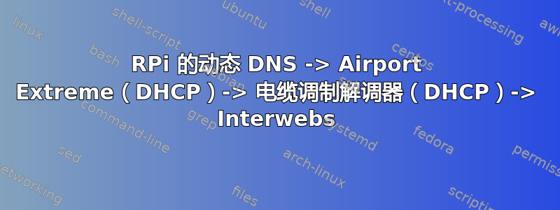 RPi 的动态 DNS -> Airport Extreme（DHCP）-> 电缆调制解调器（DHCP）-> Interwebs