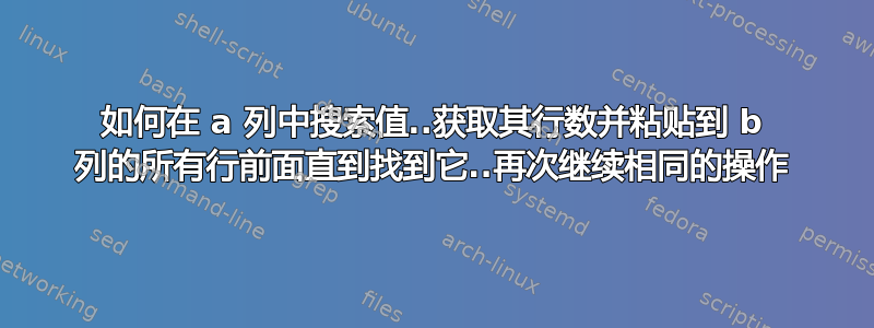 如何在 a 列中搜索值..获取其行数并粘贴到 b 列的所有行前面直到找到它..再次继续相同的操作