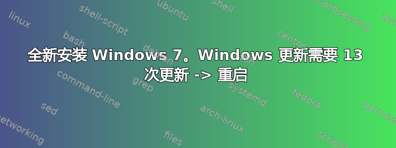 全新安装 Windows 7。Windows 更新需要 13 次更新 -> 重启