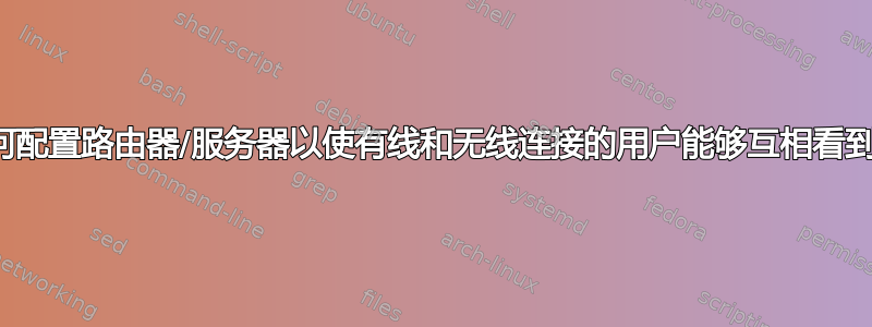 如何配置路由器/服务器以使有线和无线连接的用户能够互相看到？