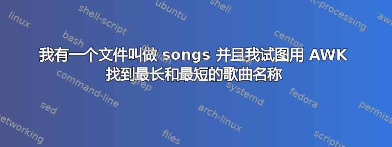 我有一个文件叫做 songs 并且我试图用 AWK 找到最长和最短的歌曲名称