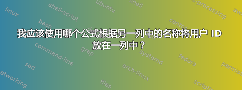 我应该使用哪个公式根据另一列中的名称将用户 ID 放在一列中？