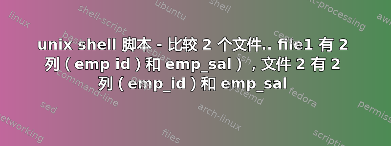 unix shell 脚本 - 比较 2 个文件.. file1 有 2 列（emp id）和 emp_sal），文件 2 有 2 列（emp_id）和 emp_sal